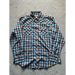 Wrangler Wrancher Long Sleeve Pearl Snap Button Shirt - Green/Brown/White‎ - XL